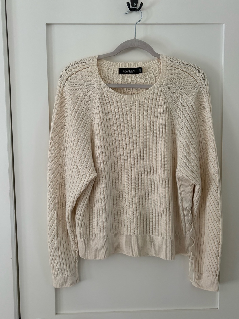 Lauren Ralph Lauren Linen-Blend Sweater cream side lace up detail sz large